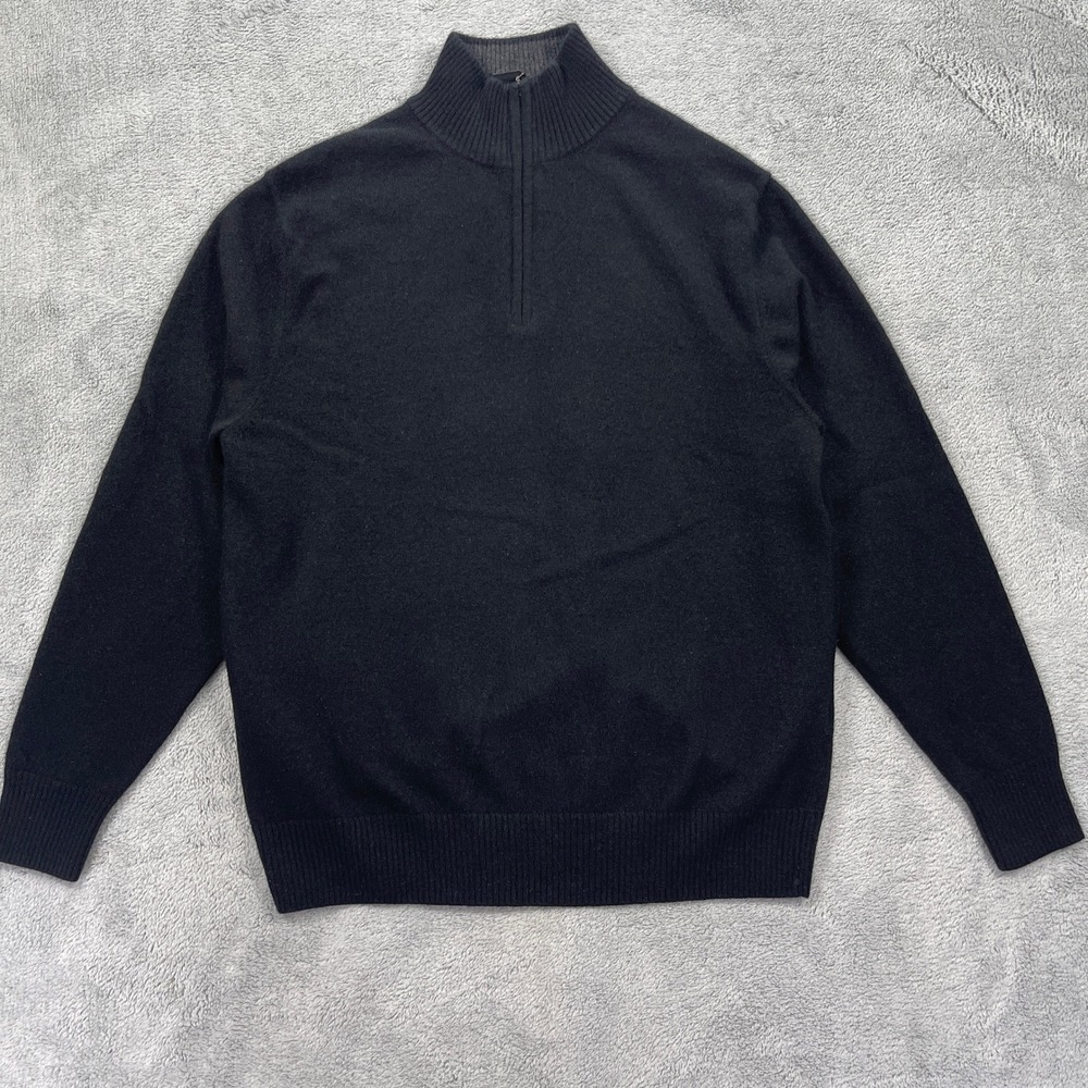 Allen Solly Sweater Men M Black 100% Cashmere Quarter Zip Mock Neck Ribbed Trim